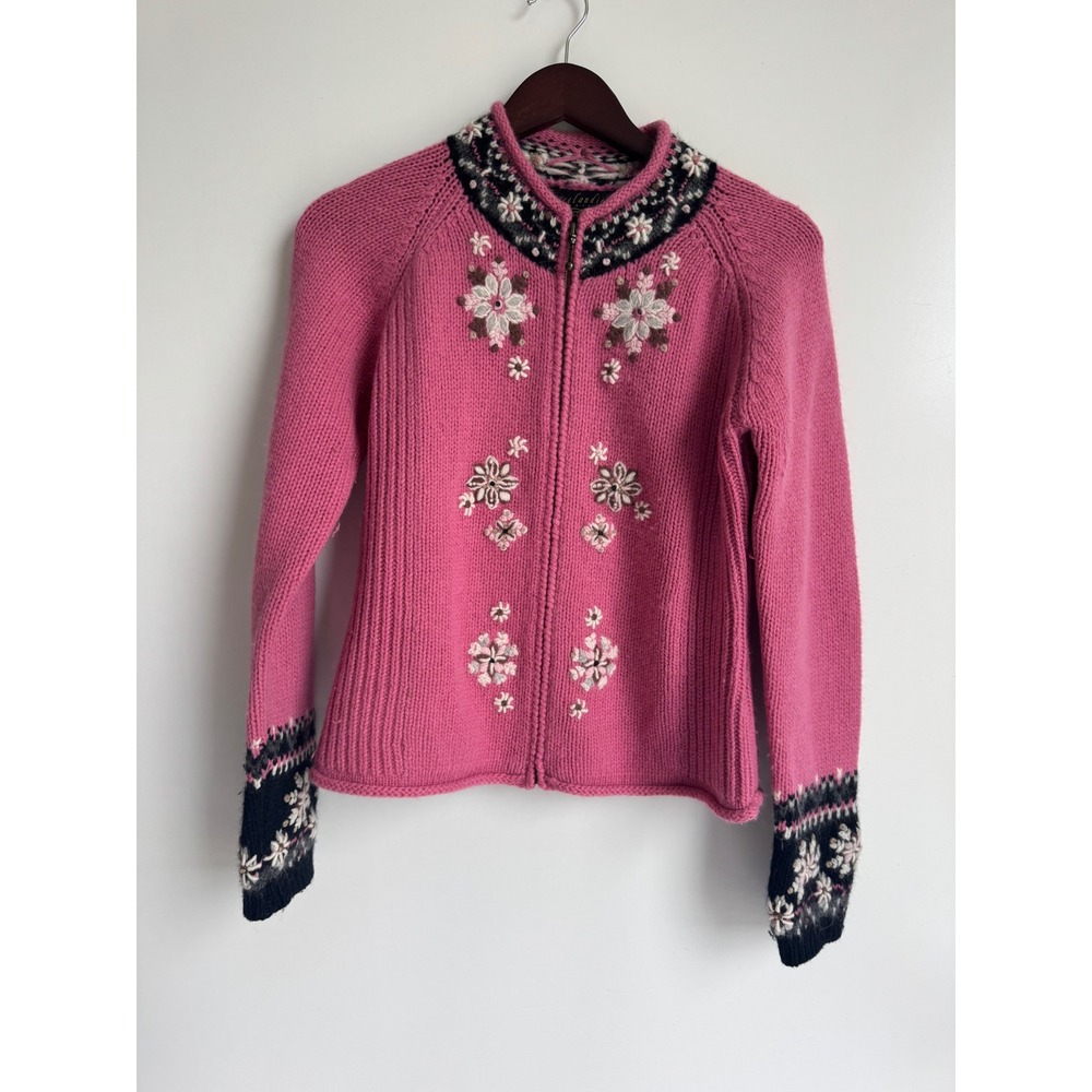 Icelandic Design Pink Lambswool Angora Floral Fair Isle Zip Cardigan Sweater M